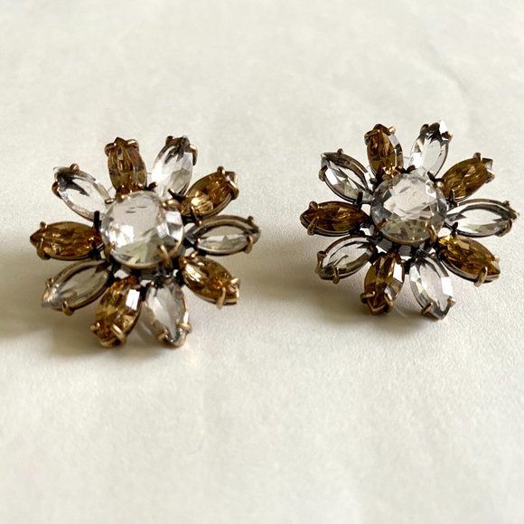 Vintage Large Floral Statement Stud Earrings with Transparent and Amber Petals - Picture 6 of 8